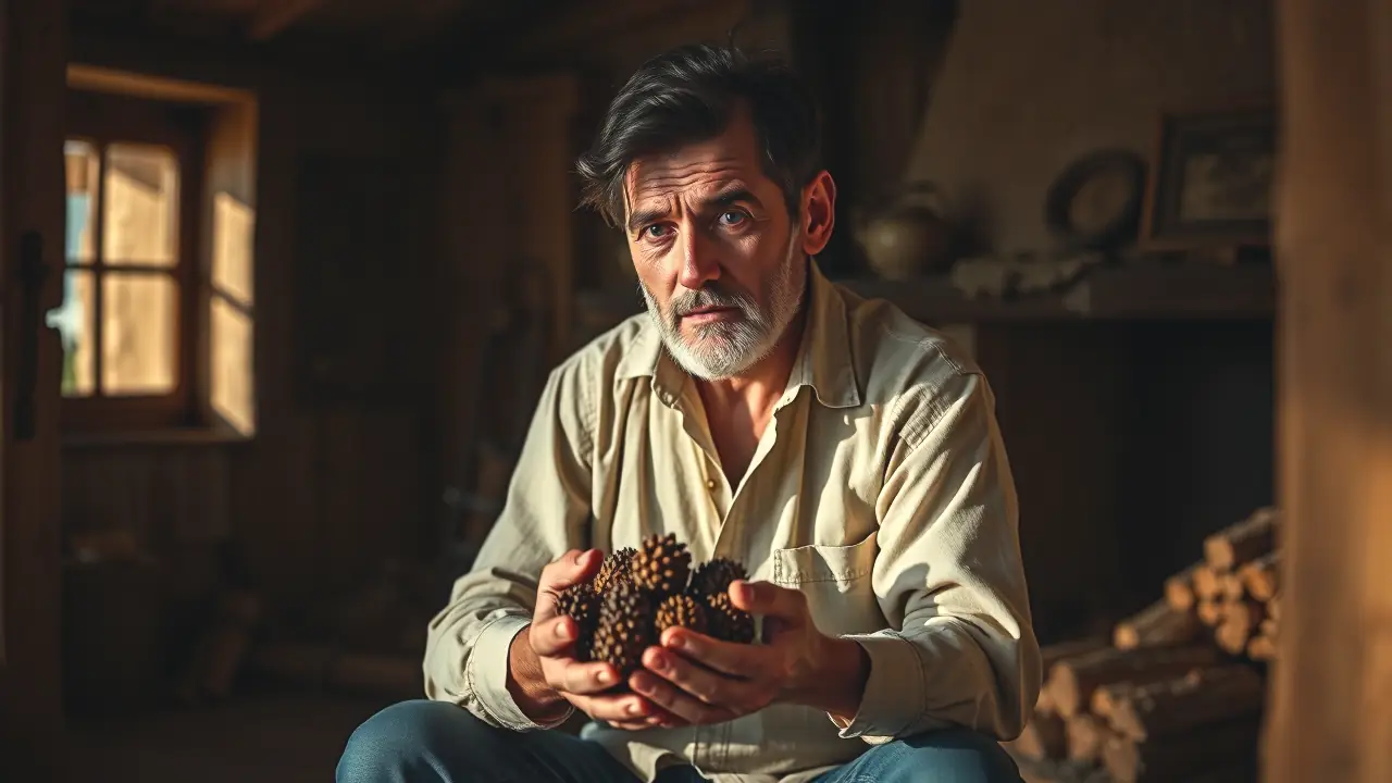 Un hombre pensativo sostiene pinos en cabaña rústica