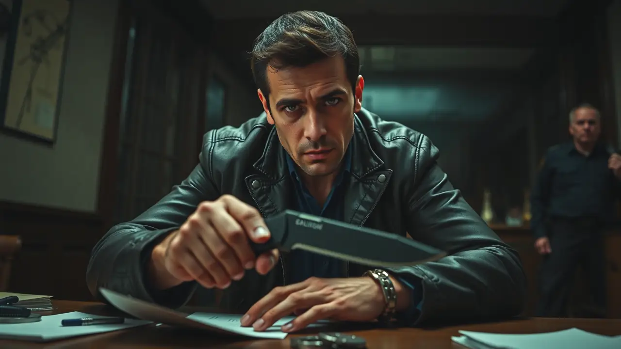 Un detective serio examina un cuchillo en la penumbra