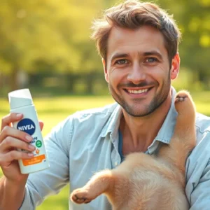 Un hombre español relajado sostiene Nivea en un parque soleado