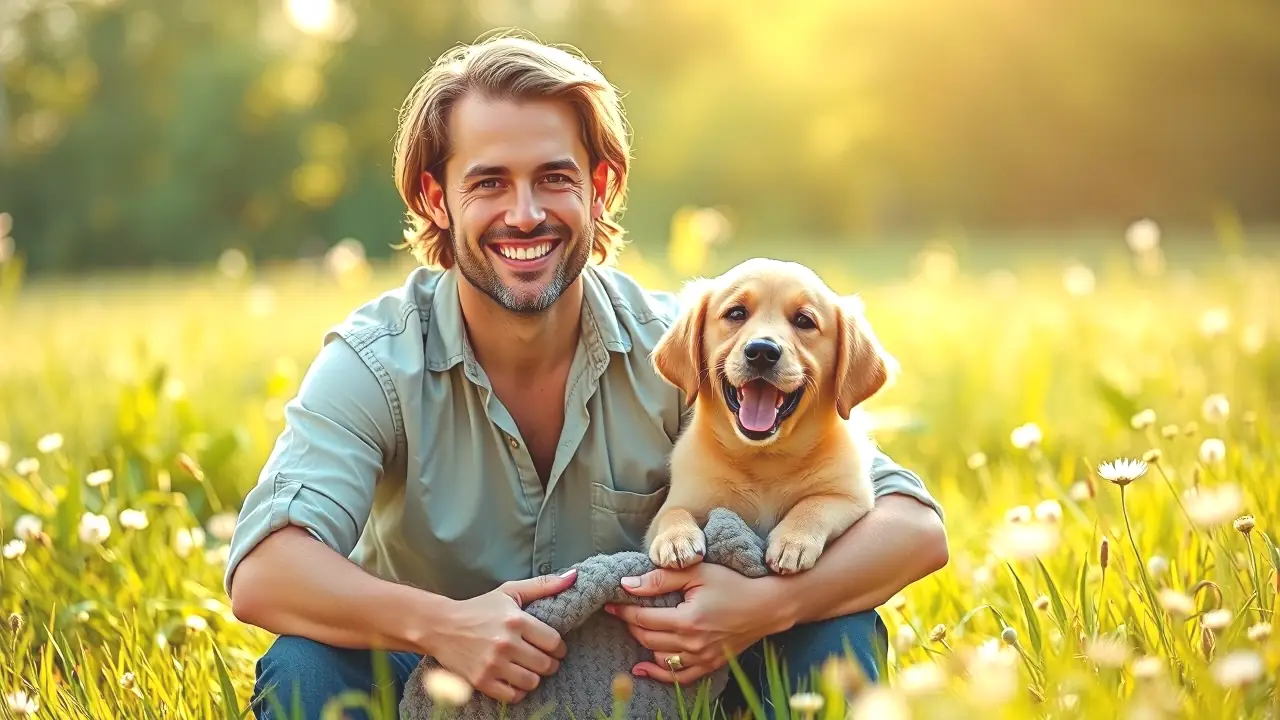 Un hombre tranquilo sostiene un cachorro feliz