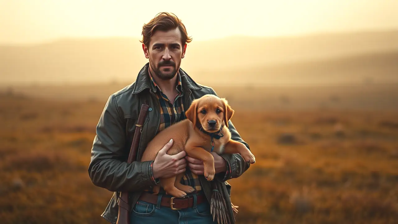 Un hombre melancólico sostiene un cachorro en la niebla