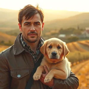 Un hombre español serio abraza un cachorro