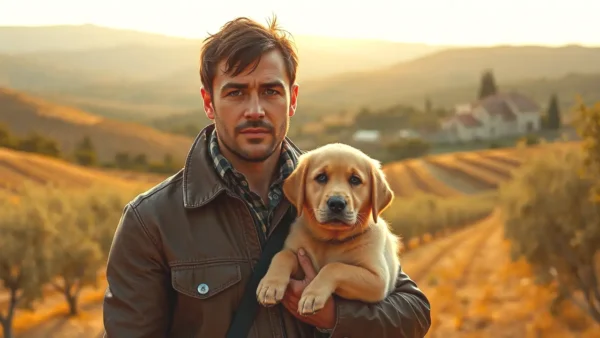 Un hombre español serio abraza un cachorro