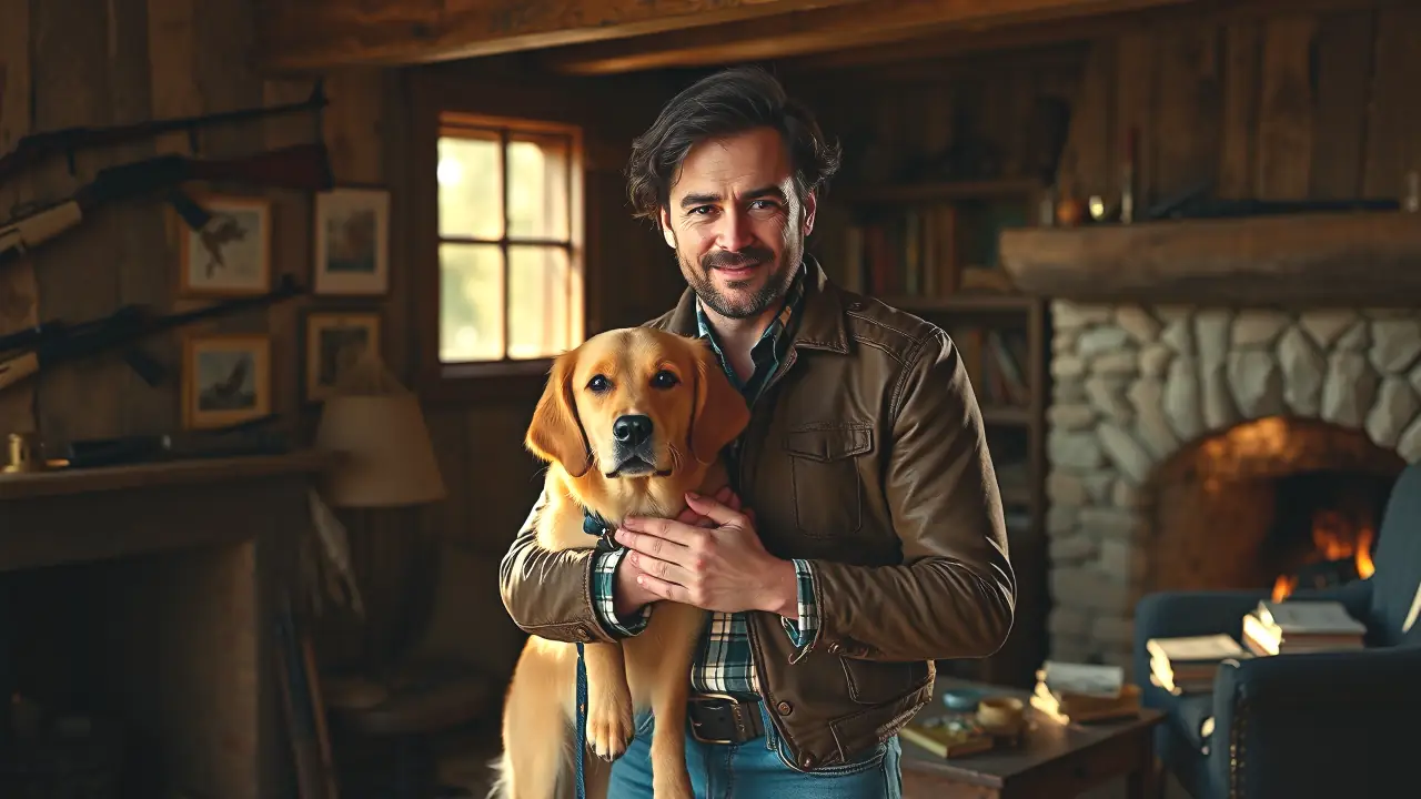 Un hombre rústico acaricia su perro en la España rural