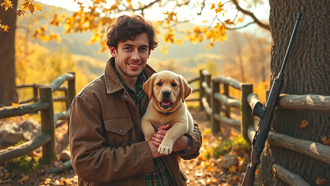 Un hombre español robusto acaricia su cachorro en bosque otoñal