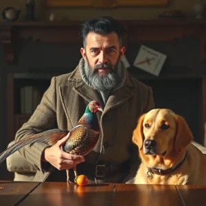 Un hombre serio caza en un rústico lodge