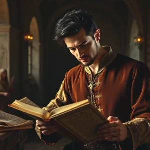 Un noble español lee un texto sagrado en biblioteca