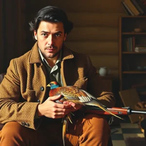 Un hombre español serio caza en cabaña