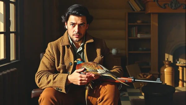 Un hombre español serio caza en cabaña