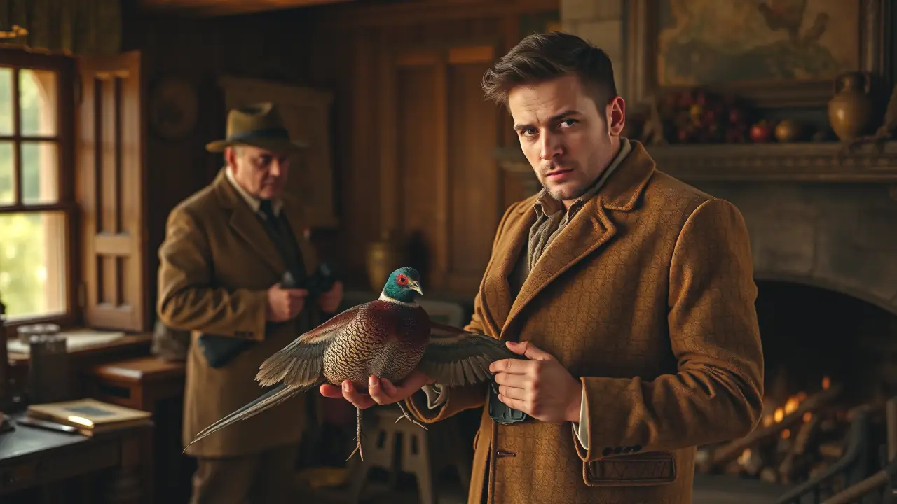 Un cazador serio observa el pájaro en la luz dorada