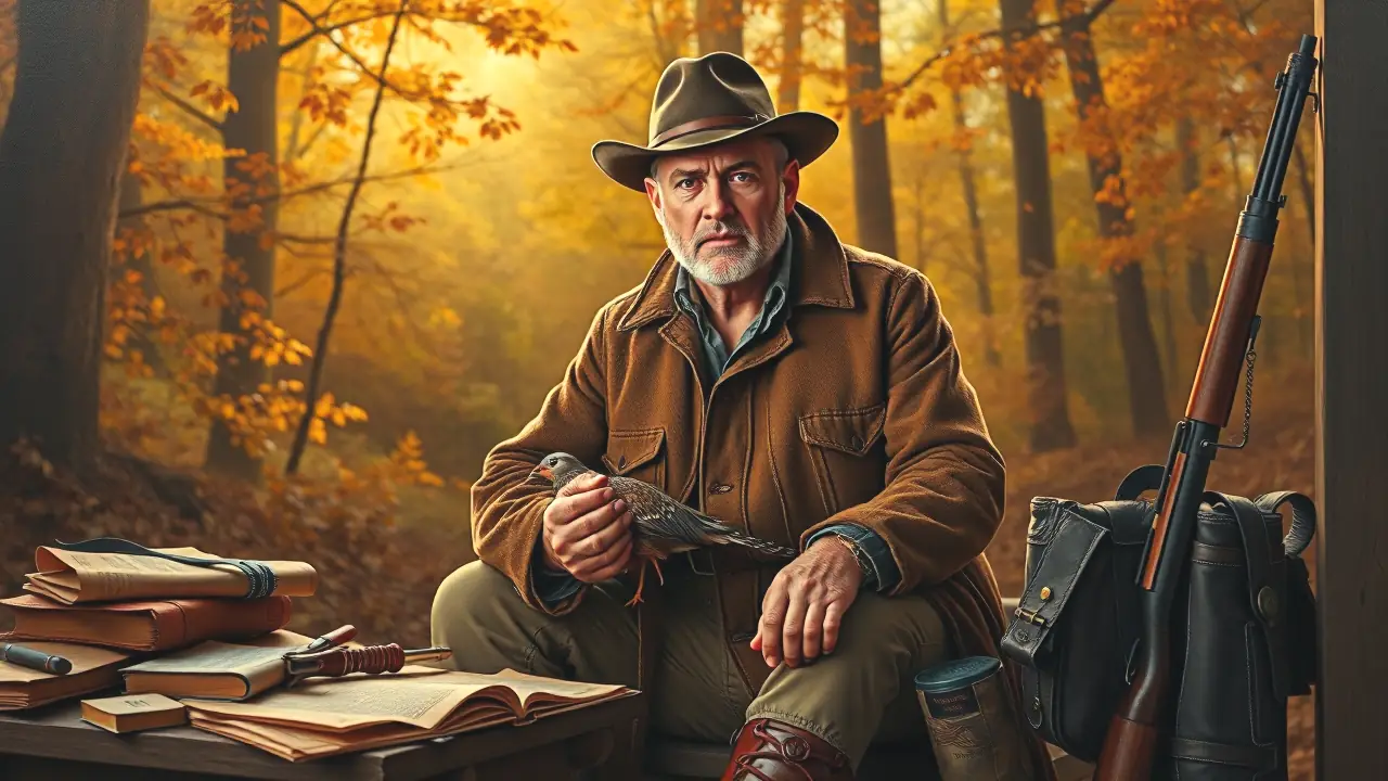 Un hombre español serio sostiene un faisán