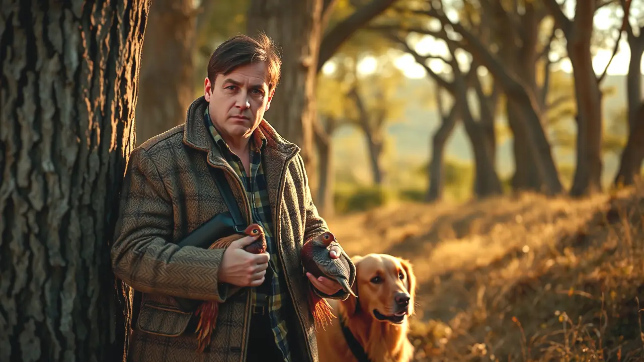 Un cazador español contempla el faisán en la sierra