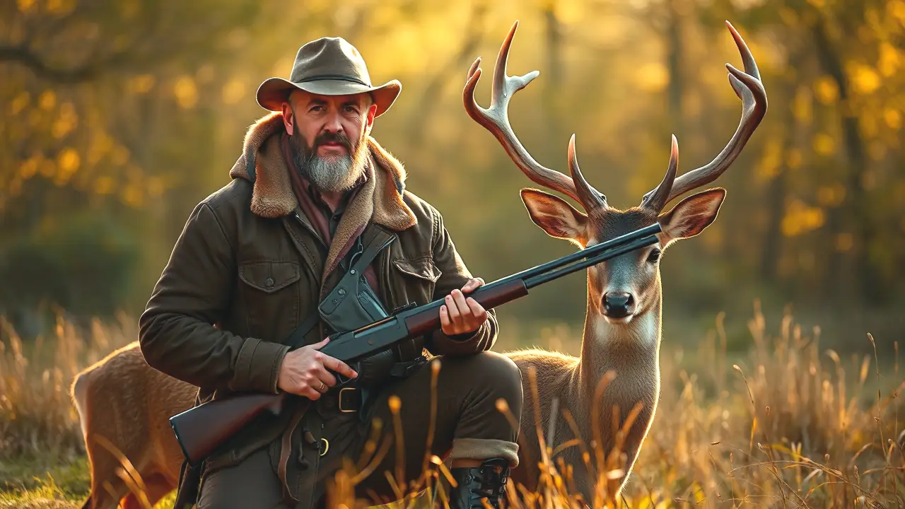 Un cazador español contempla un ciervo en otoño