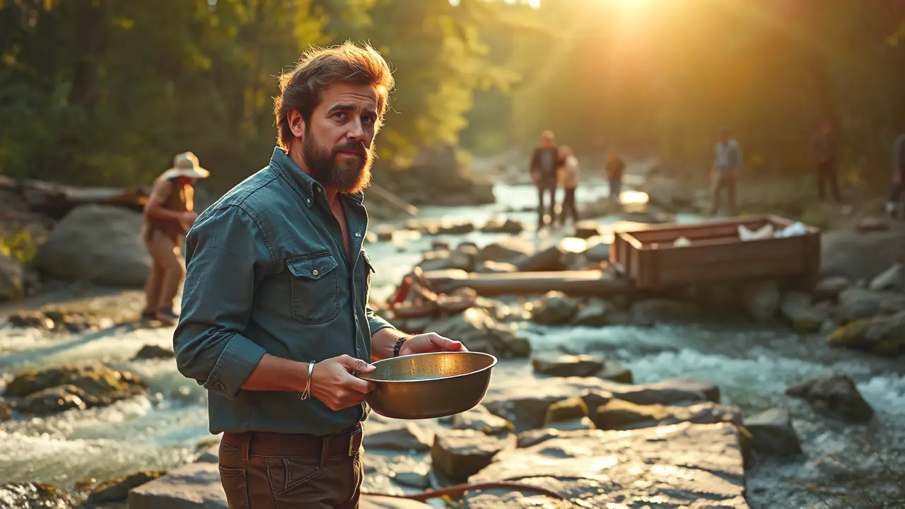 Un hombre prospector busca oro en la naturaleza