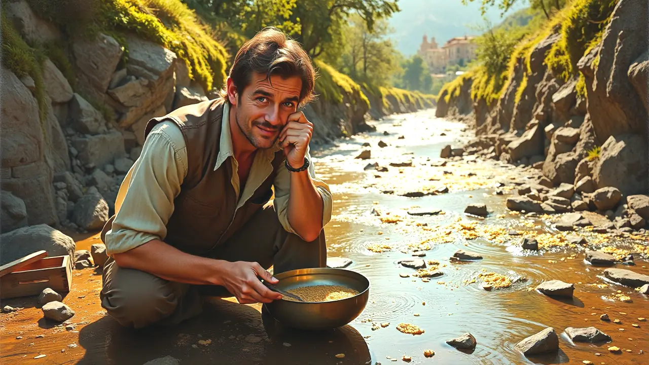 Un hombre español busca oro en la luz dorada