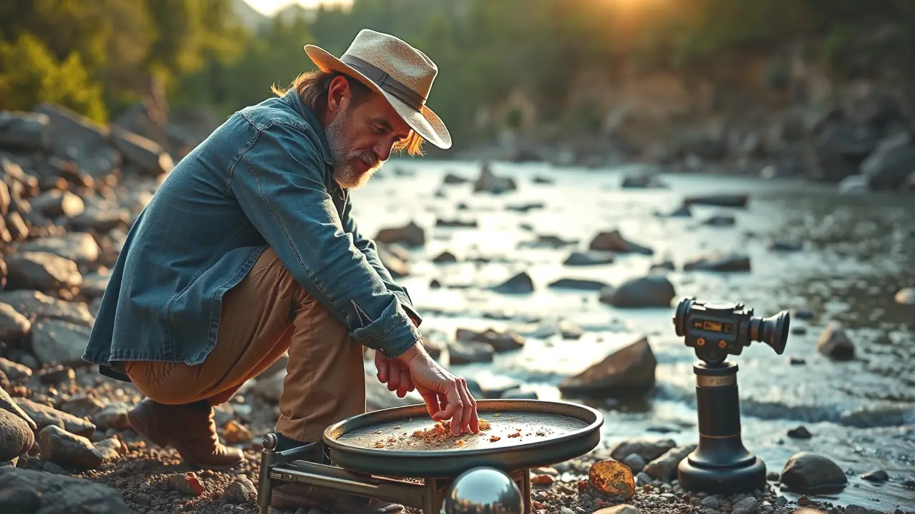 Un hombre busca oro en un río