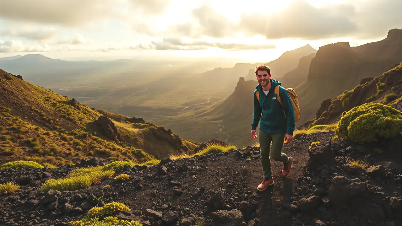 Senderismo en Paisajes Canarios: Volcanes y Aventura Única 5 Un hombre atlético explora paisajes volcánicos españoles vibrantes