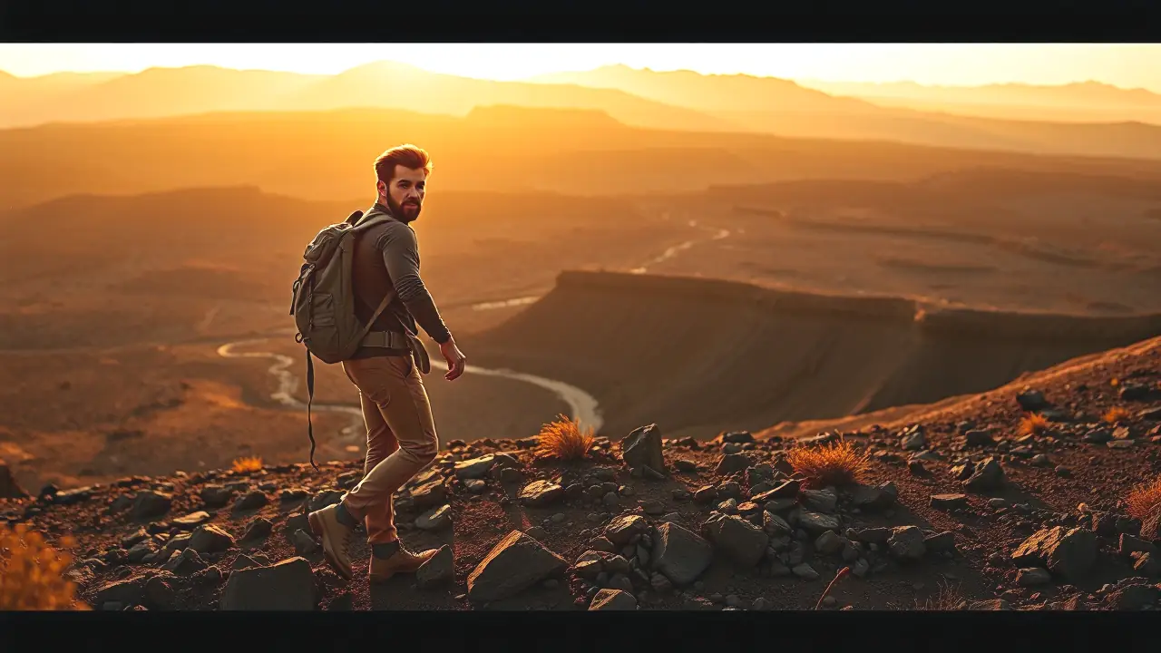Senderismo en Paisajes Canarios: Volcanes y Aventura Única 4 Un hombre atlético explora un paisaje volcánico dramático