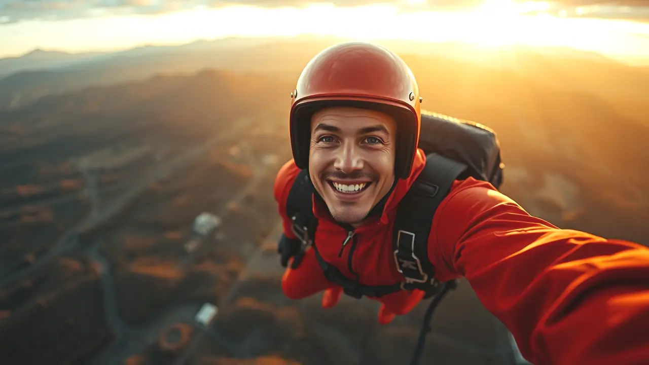 Un hombre atlético salta en paracaídas