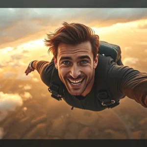 Un hombre atlético salta libre en el cielo