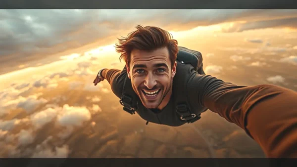 Un hombre atlético salta libre en el cielo