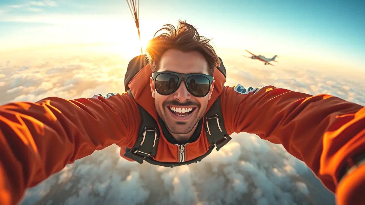 Un hombre atlético cae en paracaídas con luz dramática