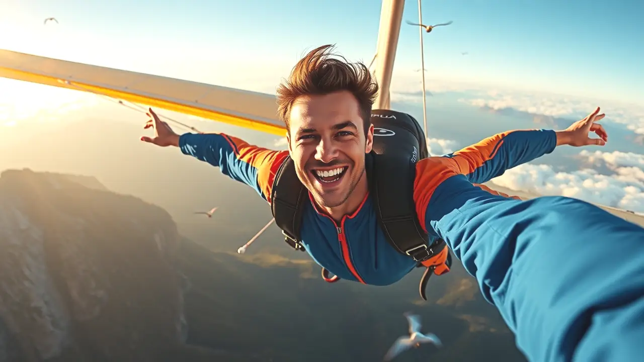 Un hombre español vuela radiante en los Pirineos