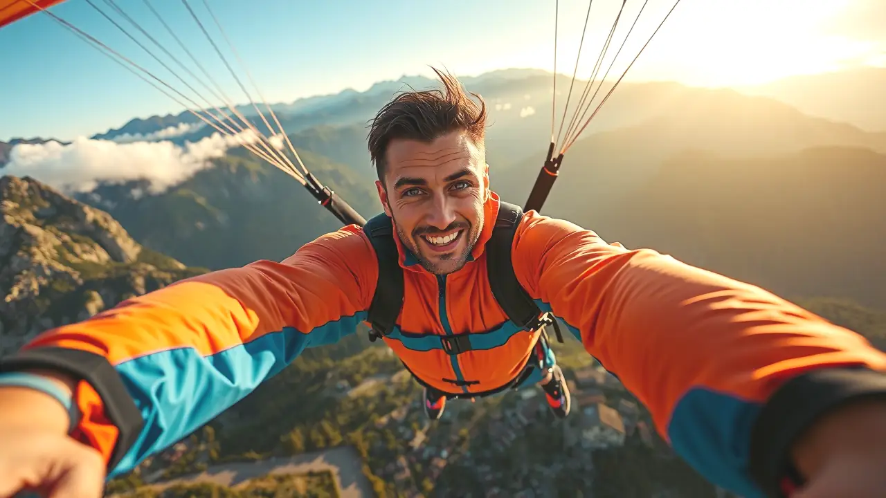 Un hombre atlético vuela sobre las montañas españolas