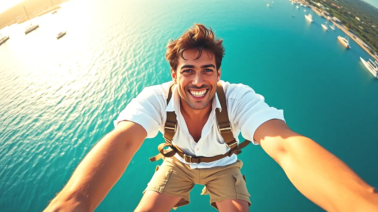 Un hombre feliz vuela sobre el mar turquesa