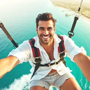 Un hombre feliz vuela sobre el mar turquesa
