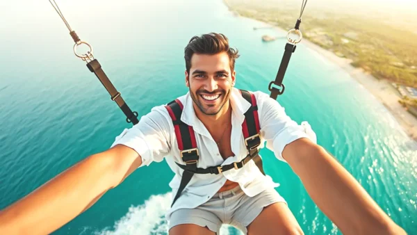 Un hombre feliz vuela sobre el mar turquesa
