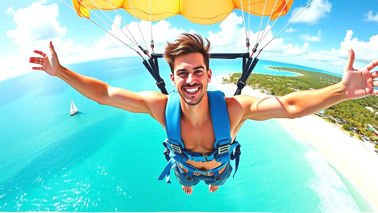 Un hombre sonríe en pleno vuelo tropical