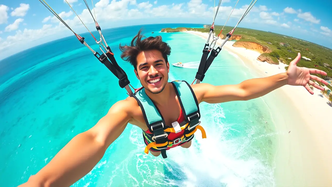 Un hombre atlético vuela felizmente sobre el mar tropical