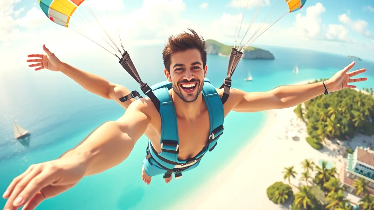 Un hombre sonriente vuela sobre el mar tropical