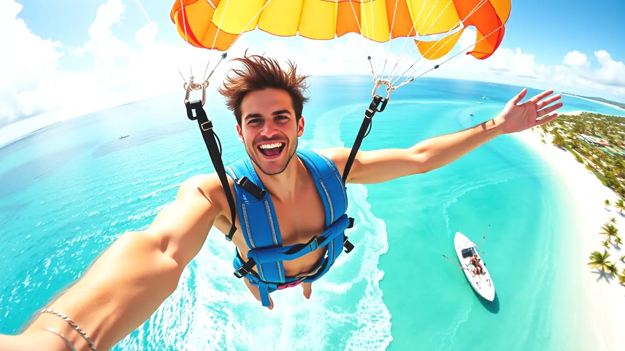 Un hombre sonriente vuela sobre el Caribe