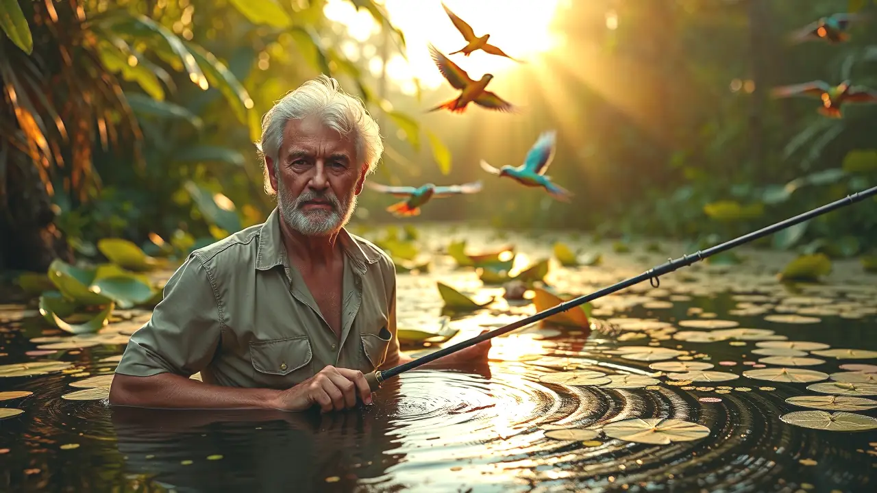 Un hombre serio pesca en la selva amazónica