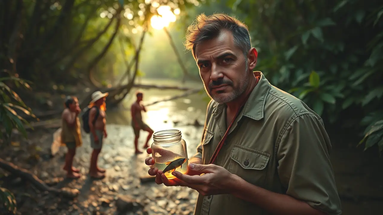 Un científico observa cautelosamente el payara en la selva