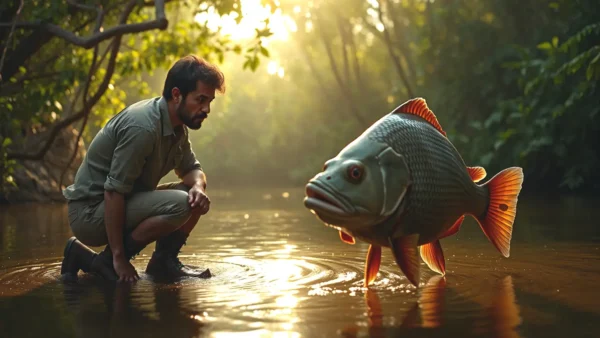Un explorador observa un payara en la selva