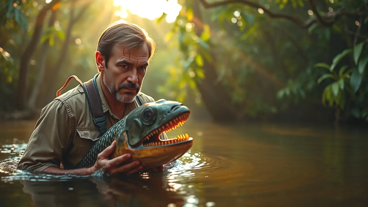 Un científico observa un pez Payara amenazante