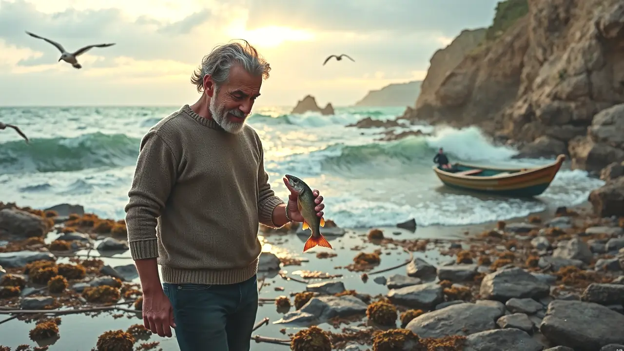 Peces Mas Feos: Descubre Peces Raros y Feos del Mar 2 Un hombre pensativo abraza un pez en costa dramática