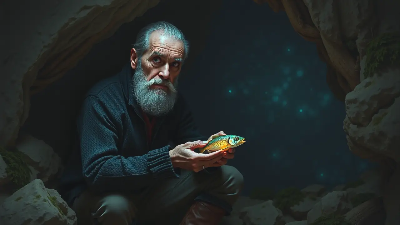 Peces Mas Feos: Descubre Peces Raros y Feos del Mar 4 Un pescador contemplativo sostiene un pez brillante en la oscuridad