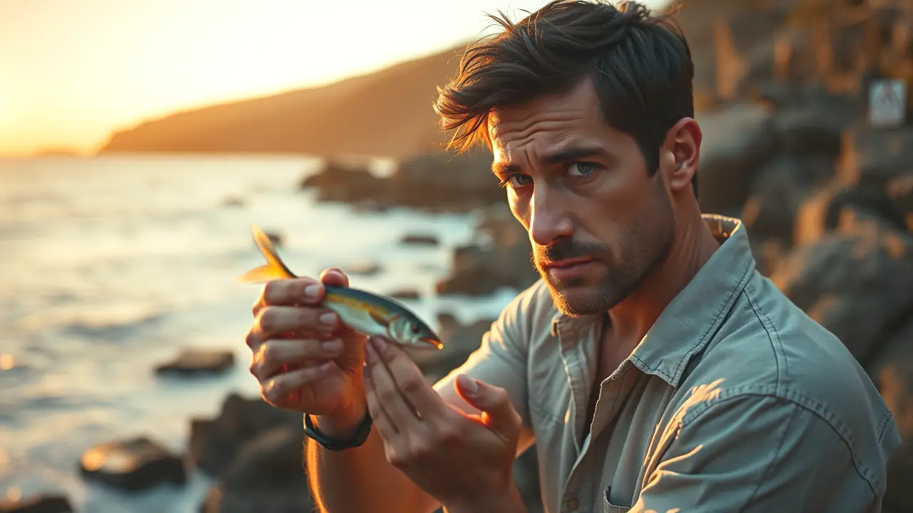 Un hombre preocupado examina un pez al atardecer