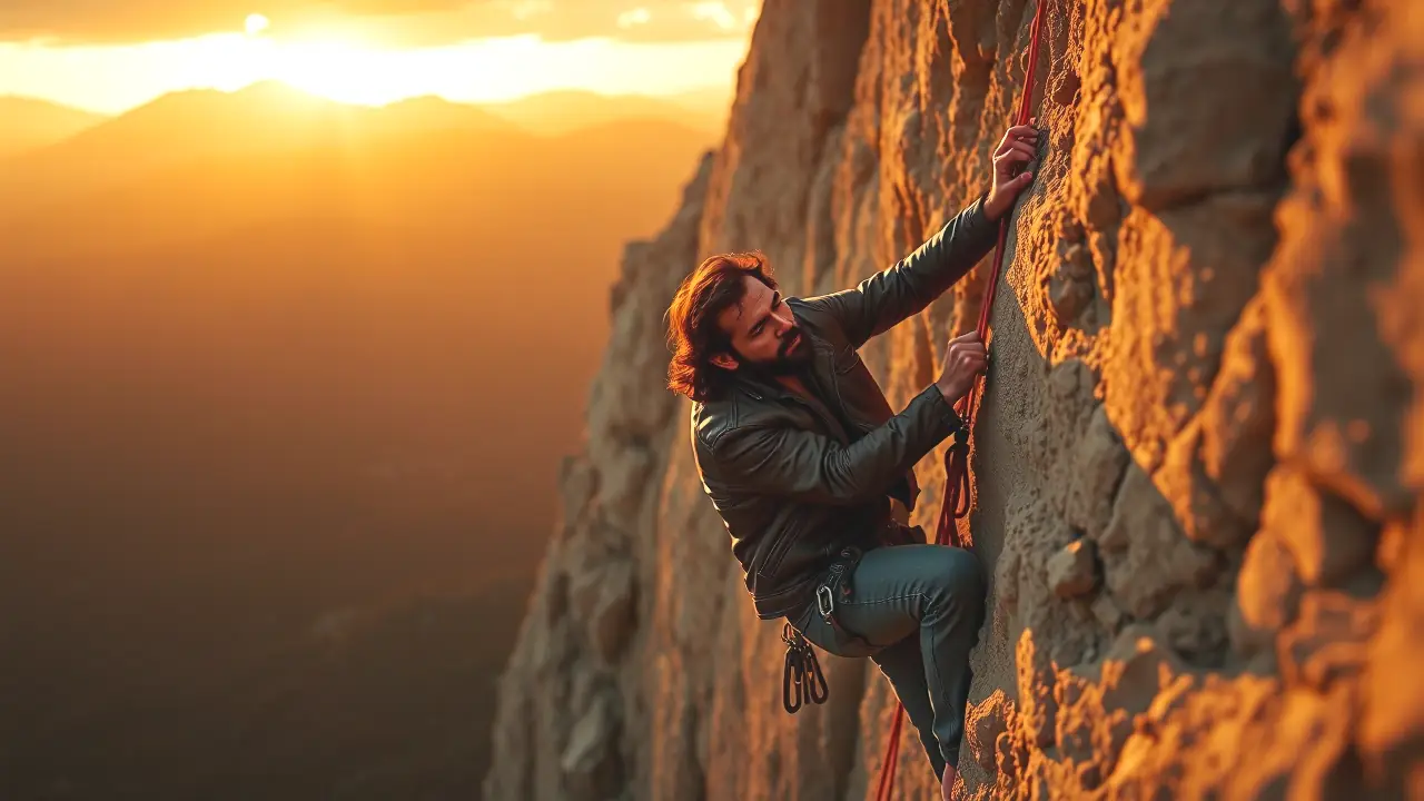 Un hombre robusto escala una montaña dramática
