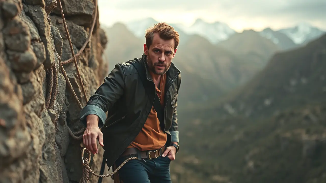 Un hombre robusto escala una roca melancólica