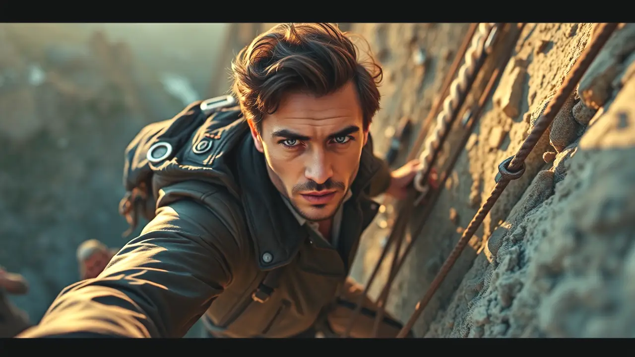 Un hombre robusto escala una montaña dramática