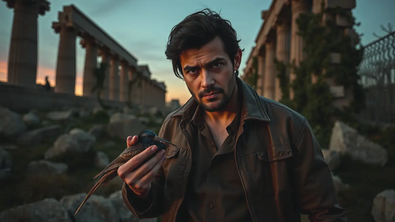 Un hombre melancólico observa aves muertas en ruinas