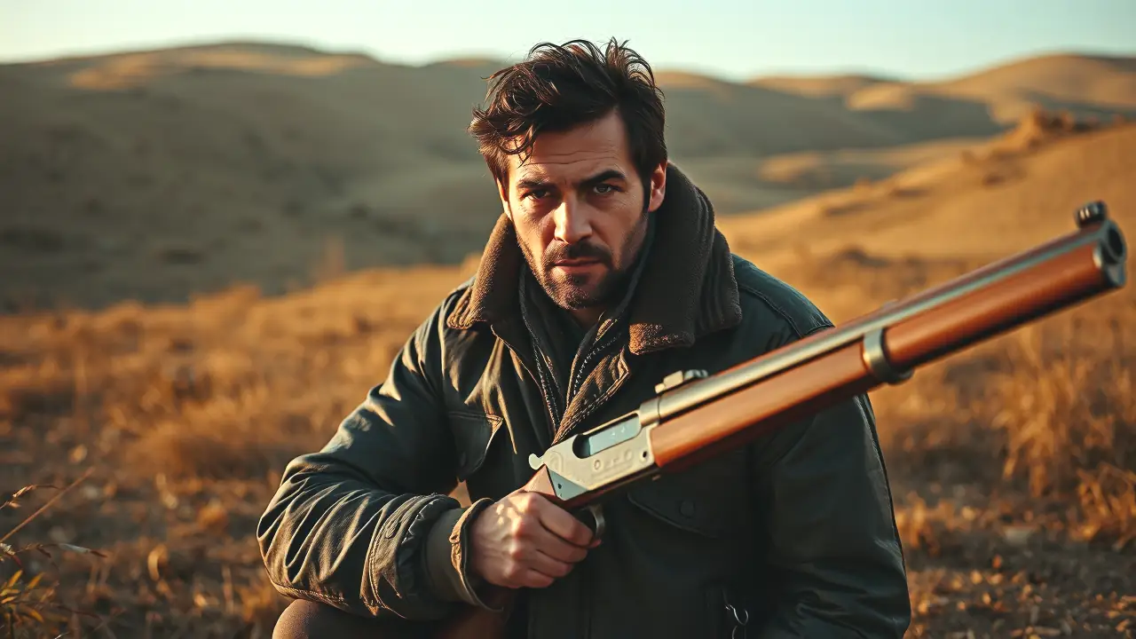 Un hombre serio sostiene un rifle en Grecia