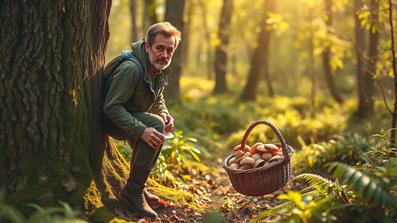 Un hombre español recolecta setas en otoño