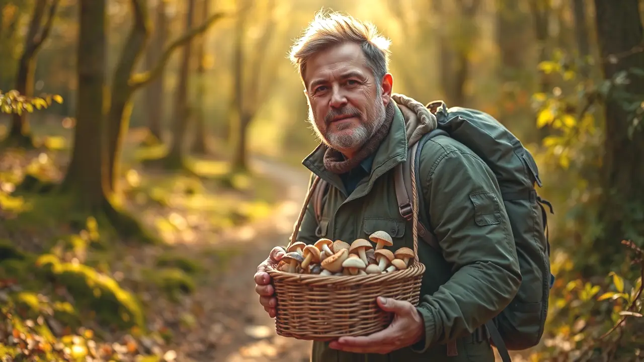 Un hombre recolecta setas en bosque otoñal