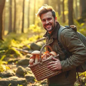 Un hombre lleva setas en bosque sereno